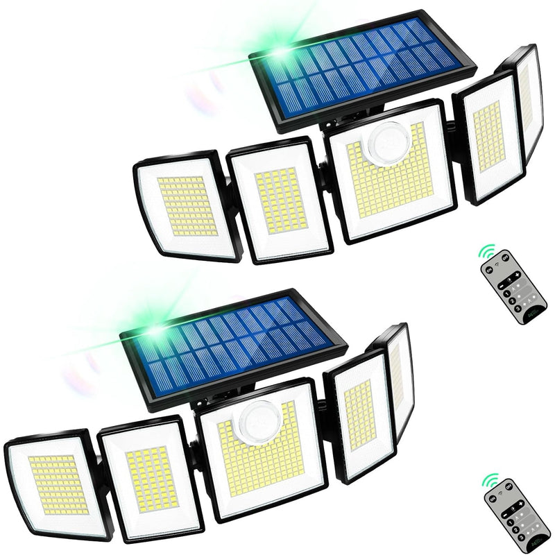 Two solar security lights with five adjustable LED heads and wireless remotes