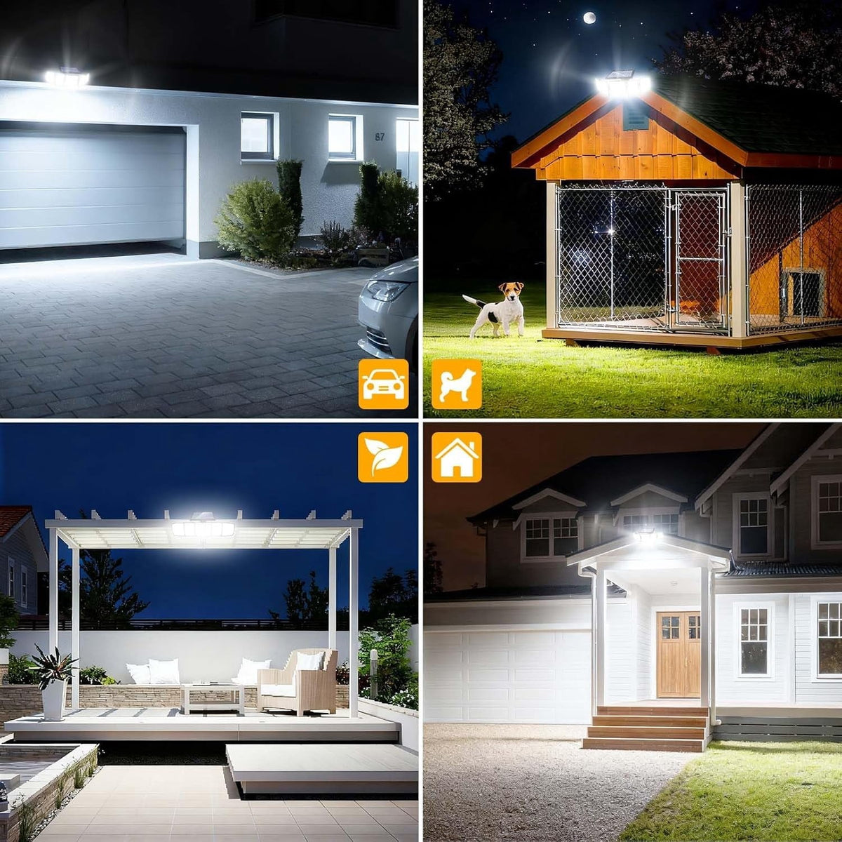 The light installed above a garage, a dog kennel, a patio and a front door at night