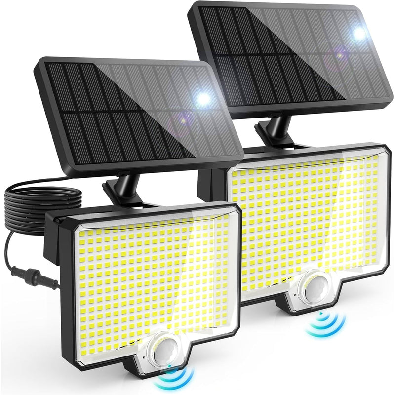 Two split solar flood lights with separate panels on cables
