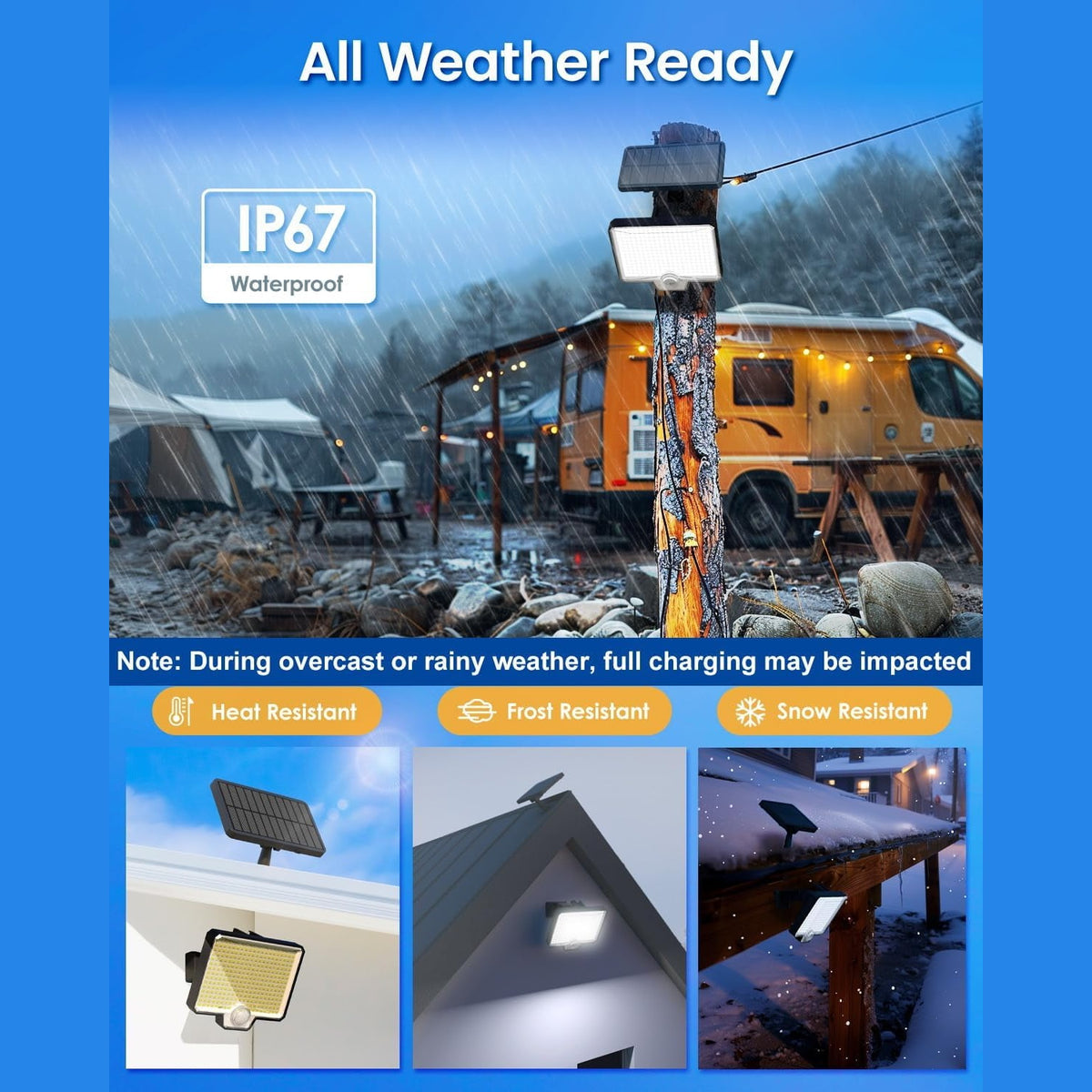 IP67 waterproof rating shown in snow, with heat, frost and snow resistance