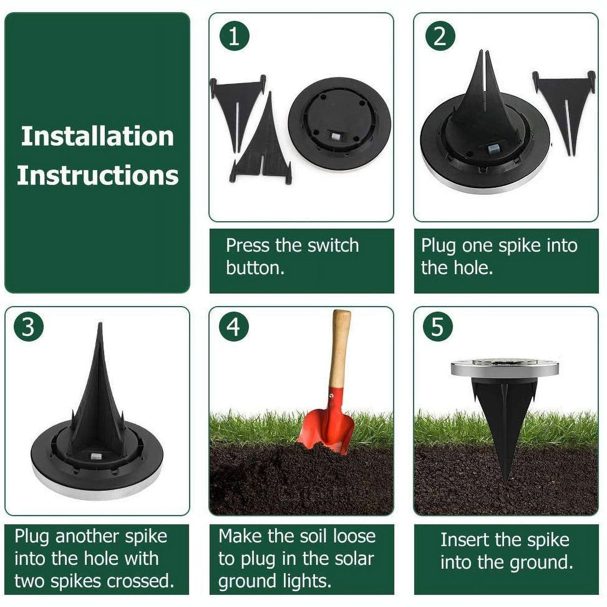 Five step installation instructions for fitting the spikes and setting the light in soil