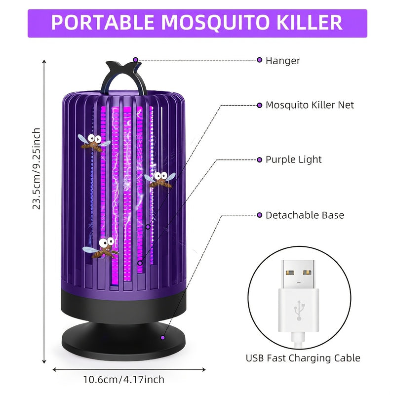 Labelled diagram: hanger, insect net, purple light, detachable base, USB charging cable, 23.5 cm tall