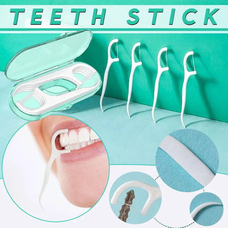 Open case of green 10-Piece Set: Dental Floss Travel Case with inset showing a woman flossing her teeth