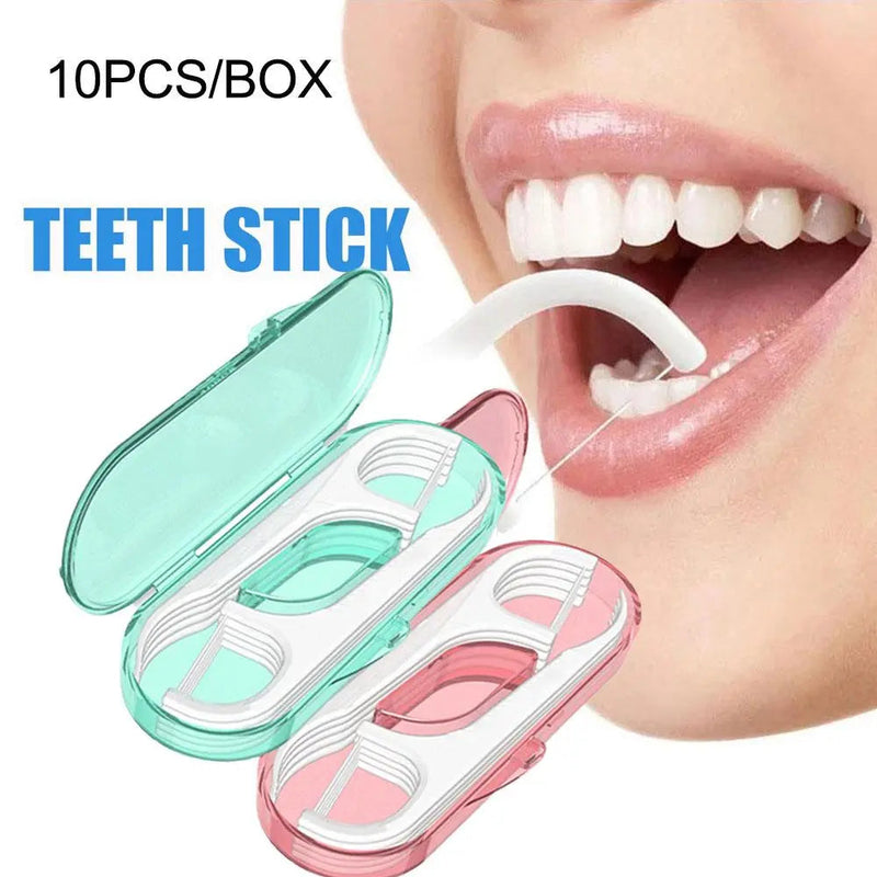 Woman flossing her teeth using a floss from a 10-Piece Set: Dental Floss Travel Case-Floss Pick