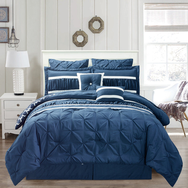 10-Piece Set: Kensie Hotel Quality Pintucked Oversized Comforter Set Bedding Navy Queen - DailySale