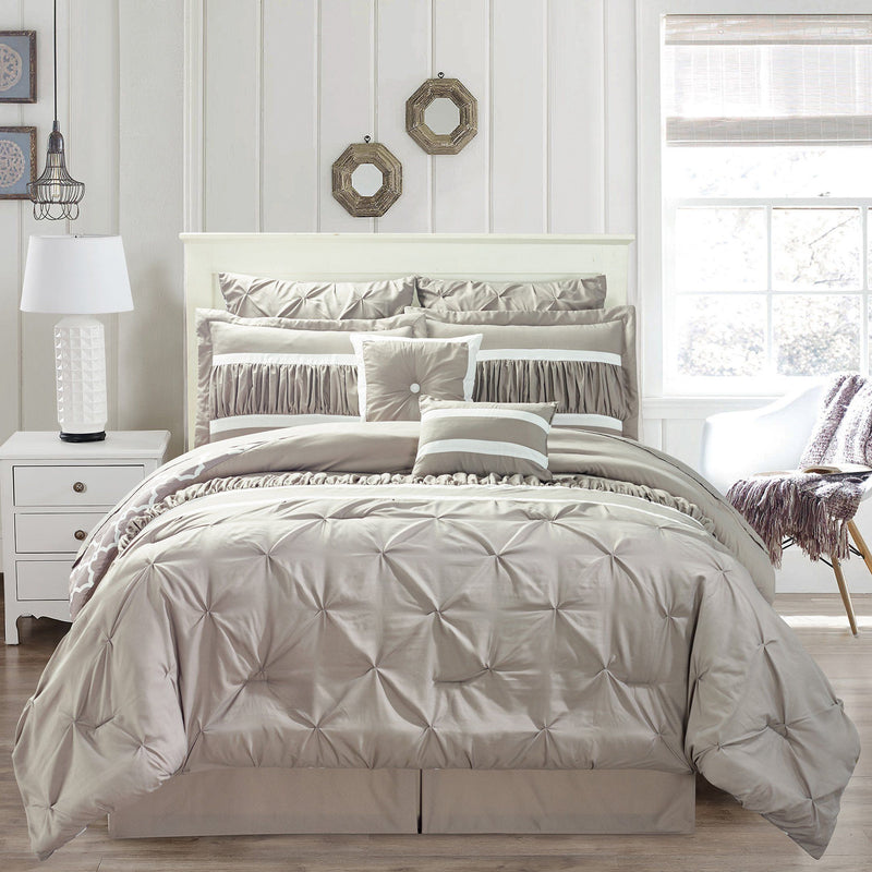 10-Piece Set: Kensie Hotel Quality Pintucked Oversized Comforter Set Bedding Taupe Queen - DailySale