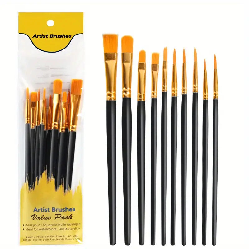 10-Pieces: Artist Paintbrush Nylon Round Pointed Flat Head Set Arts & Crafts Black - DailySale