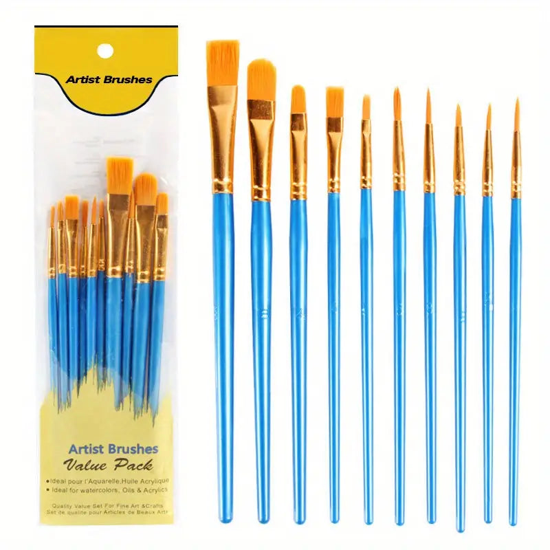 10-Pieces: Artist Paintbrush Nylon Round Pointed Flat Head Set Arts & Crafts Blue - DailySale