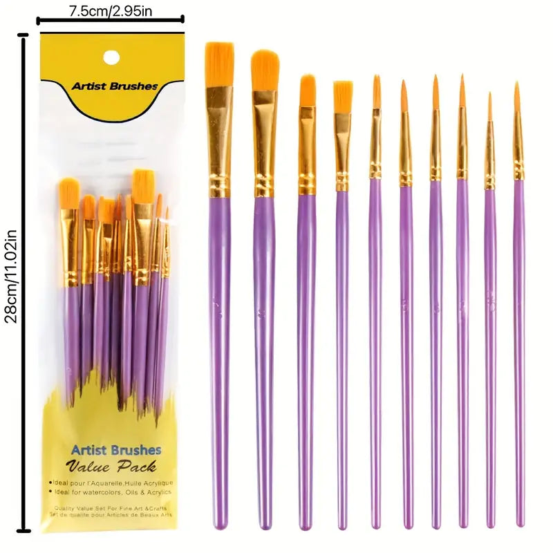 10-Pieces: Artist Paintbrush Nylon Round Pointed Flat Head Set Arts & Crafts - DailySale