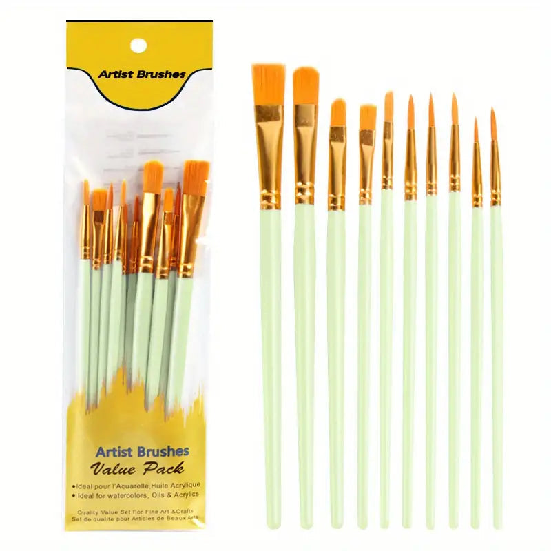 10-Pieces: Artist Paintbrush Nylon Round Pointed Flat Head Set Arts & Crafts Mint - DailySale