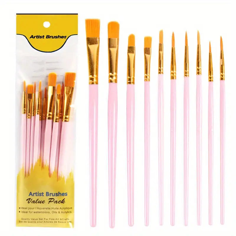 10-Pieces: Artist Paintbrush Nylon Round Pointed Flat Head Set Arts & Crafts Pink - DailySale