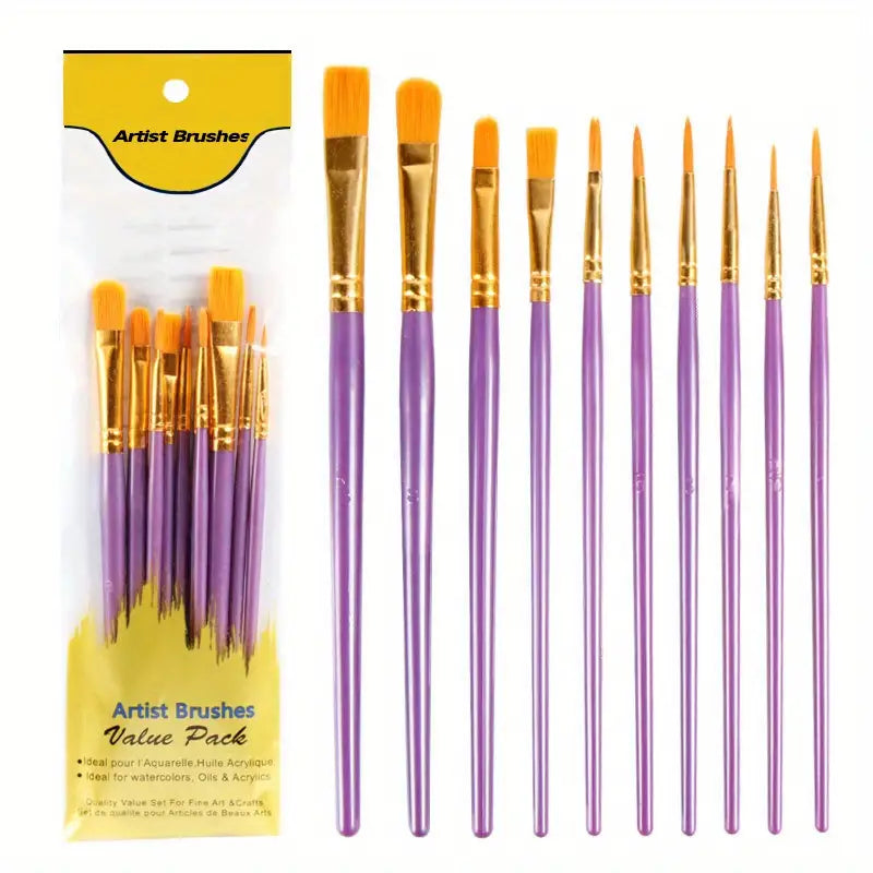 10-Pieces: Artist Paintbrush Nylon Round Pointed Flat Head Set Arts & Crafts Purple - DailySale
