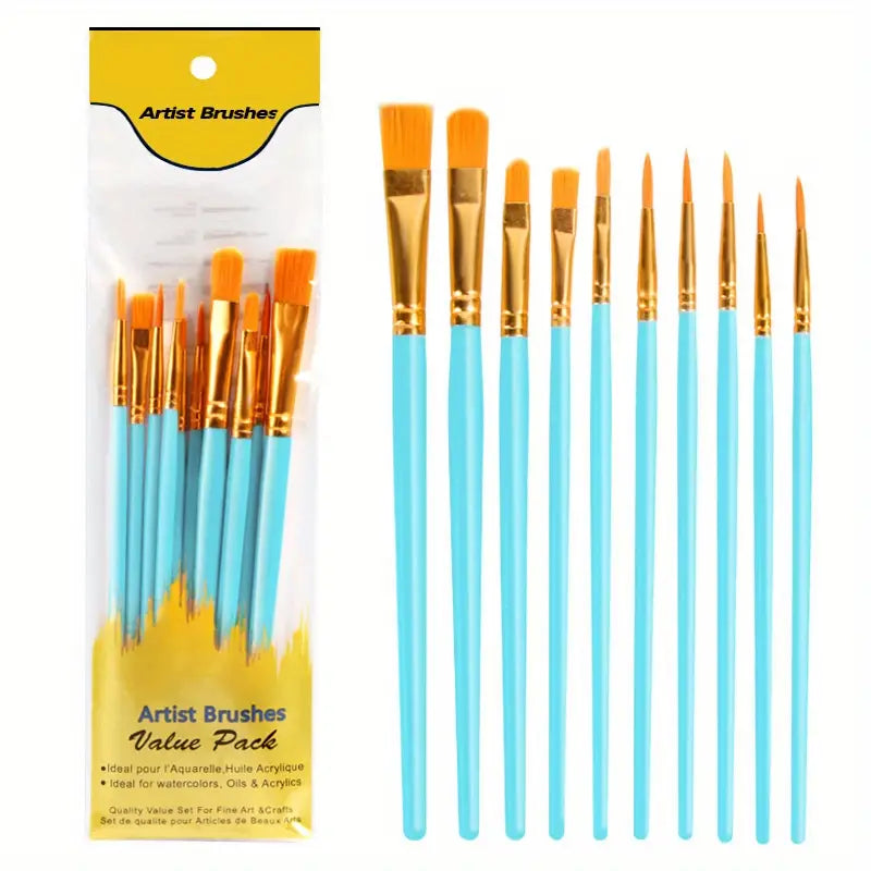 10-Pieces: Artist Paintbrush Nylon Round Pointed Flat Head Set Arts & Crafts Sky Blue - DailySale