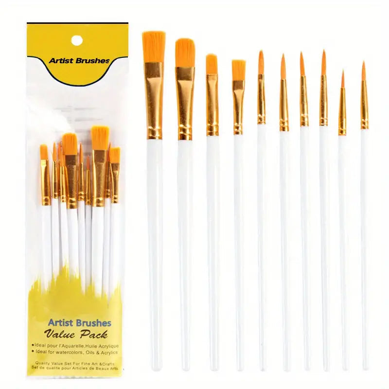 10-Pieces: Artist Paintbrush Nylon Round Pointed Flat Head Set Arts & Crafts White - DailySale