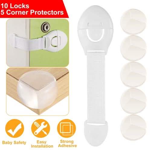 10-Pieces: Kids Safety Locks with 5 Furniture Corner Protectors Baby - DailySale
