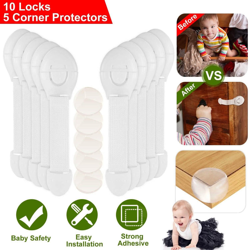 10-Pieces: Kids Safety Locks with 5 Furniture Corner Protectors Baby - DailySale