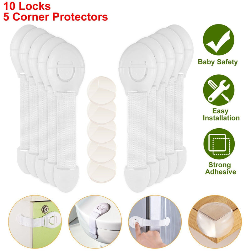 10-Pieces: Kids Safety Locks with 5 Furniture Corner Protectors Baby - DailySale