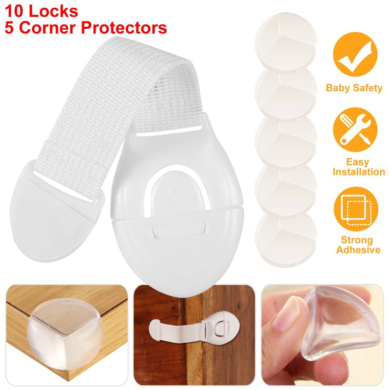 10-Pieces: Kids Safety Locks with 5 Furniture Corner Protectors Baby - DailySale