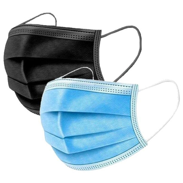 Black and blue 3-Layer Disposable Protective Face Masks, shown against a white background