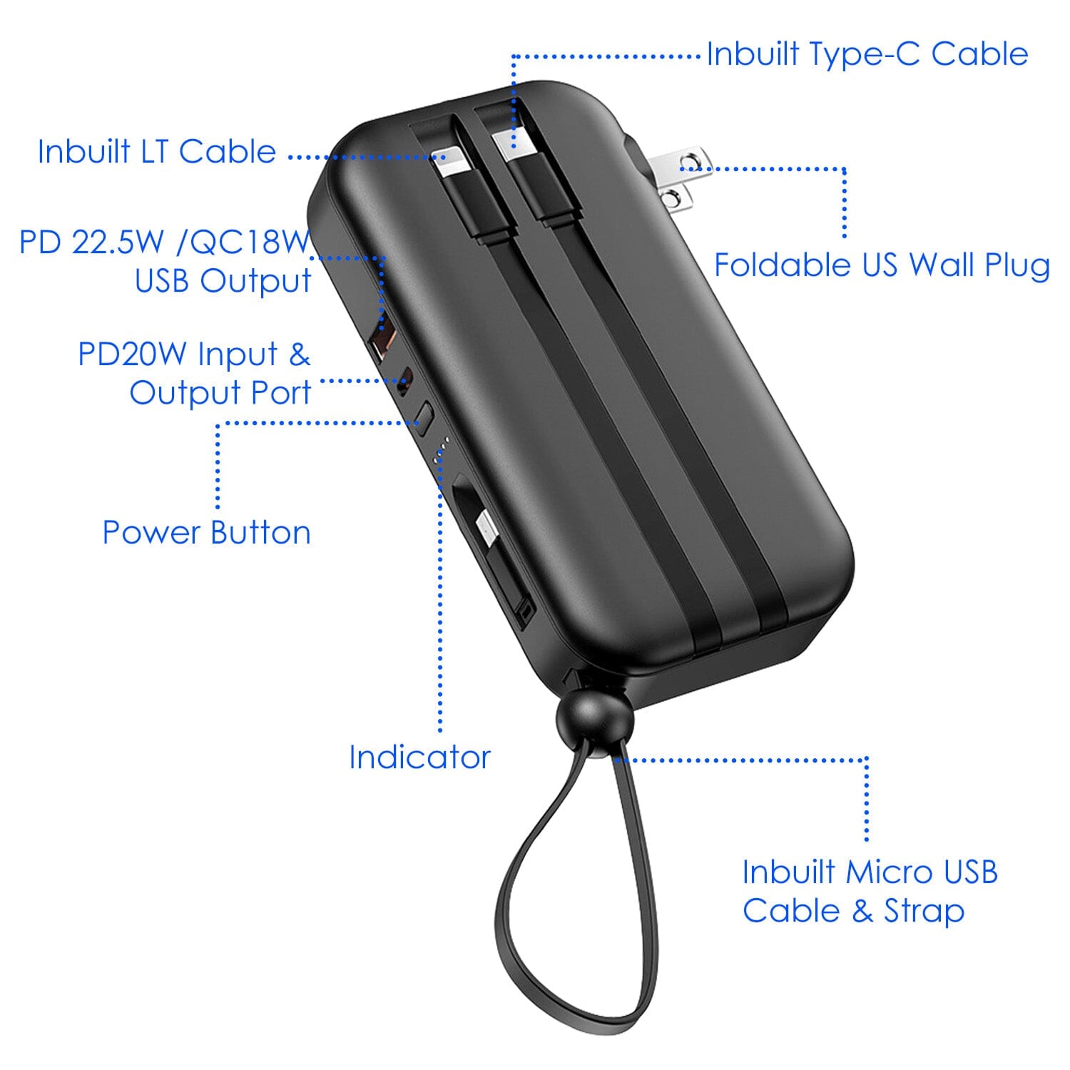 10000mAh Portable Charger with US Plug 3 Inbuilt Cables Mobile Accessories - DailySale