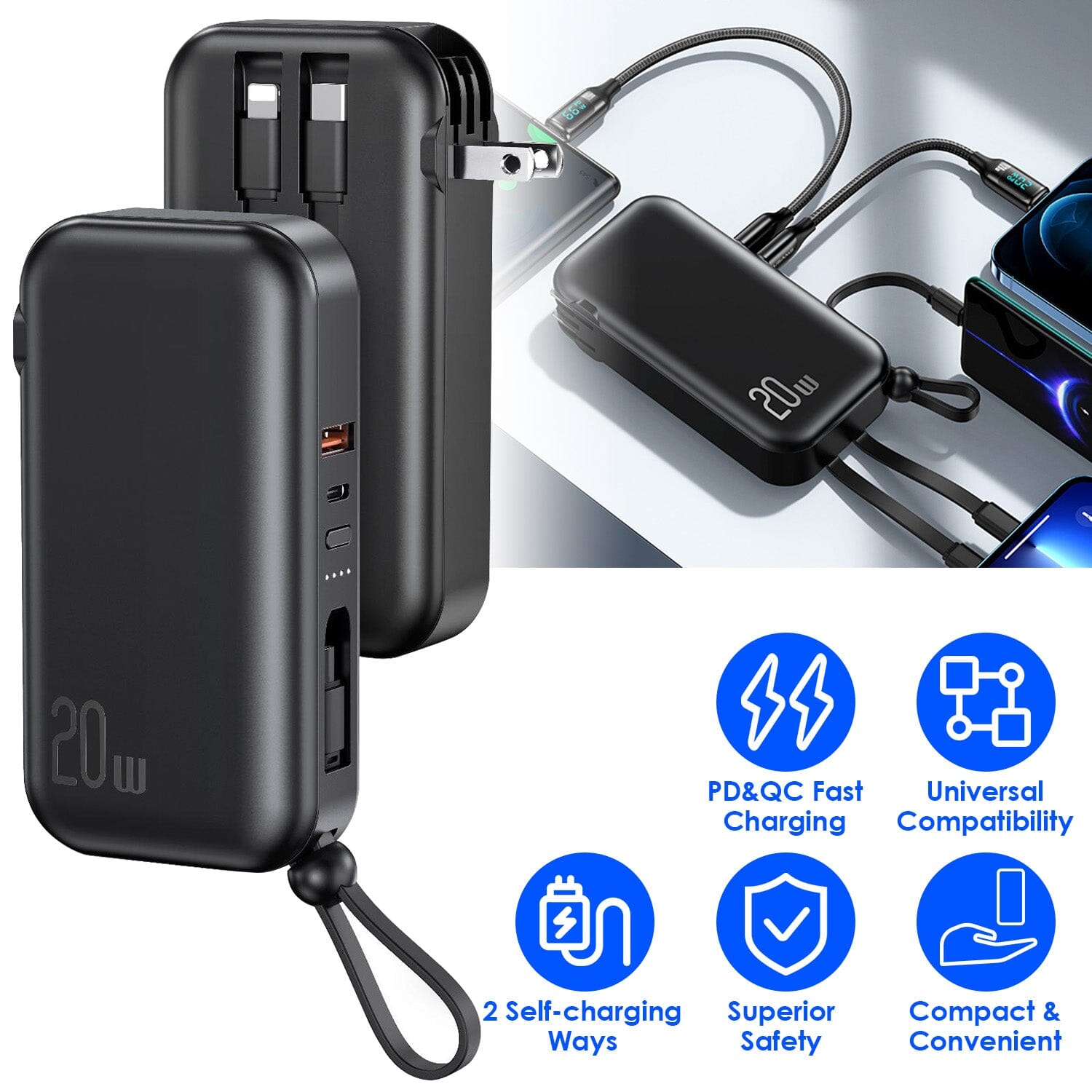 10000mAh Portable Charger with US Plug 3 Inbuilt Cables Mobile Accessories - DailySale