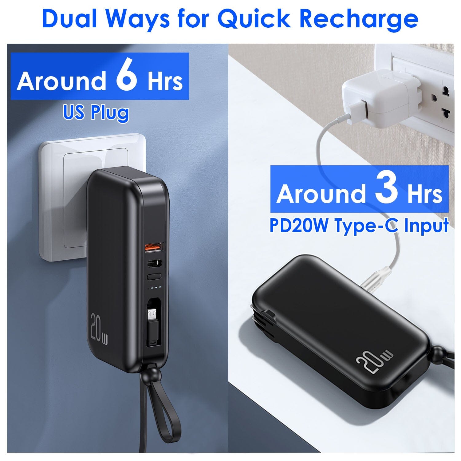 10000mAh Portable Charger with US Plug 3 Inbuilt Cables Mobile Accessories - DailySale