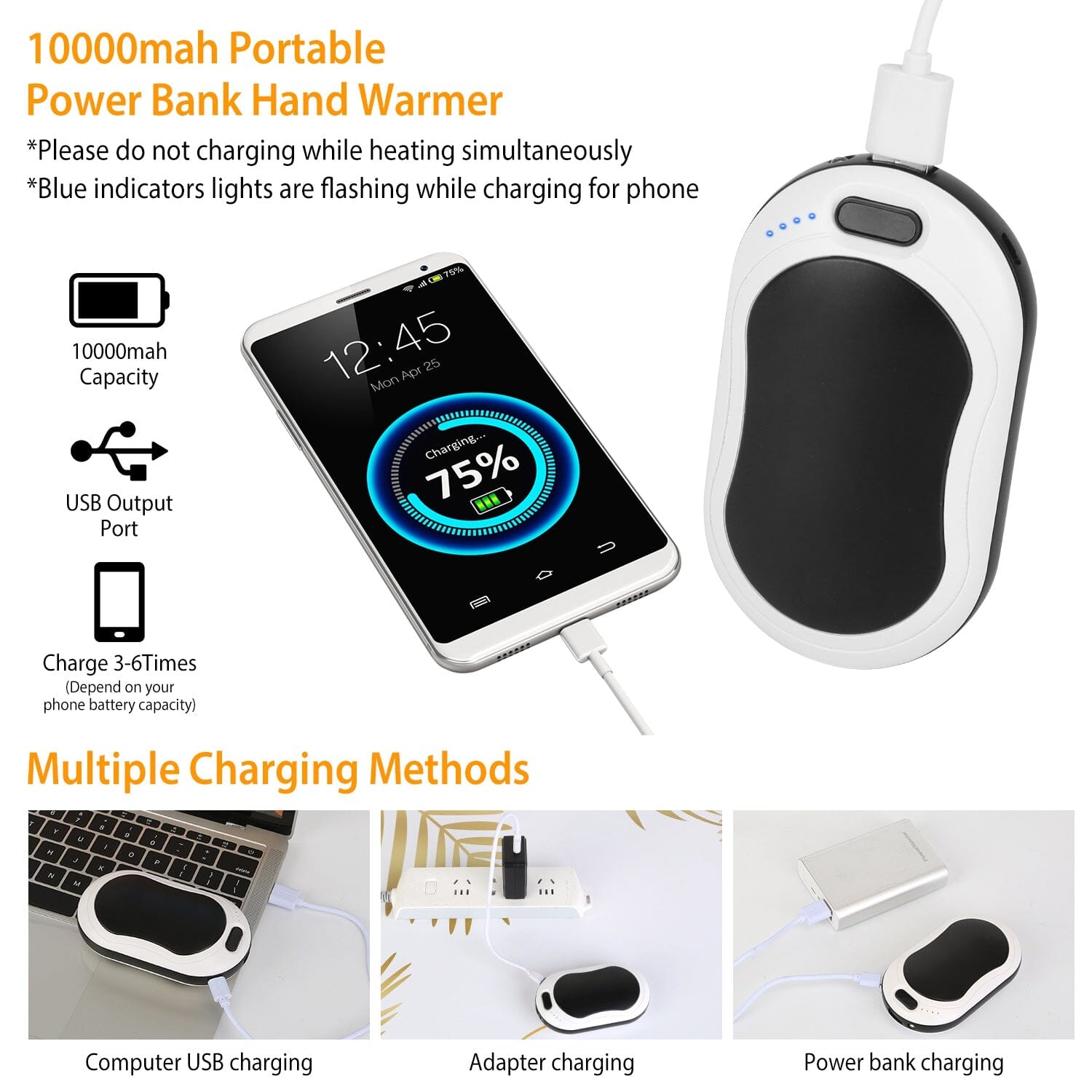 10000mAh Power Bank Rechargeable Pocket Warmer Double-Sided Heating Wellness - DailySale