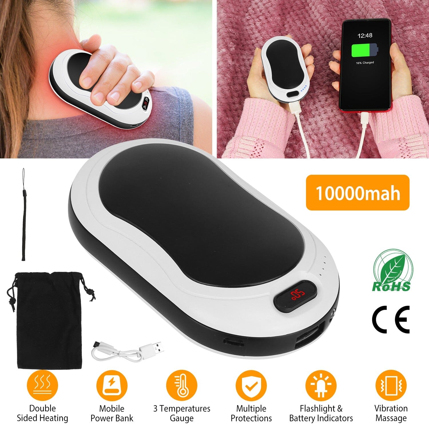 10000mAh Power Bank Rechargeable Pocket Warmer Double-Sided Heating Wellness - DailySale