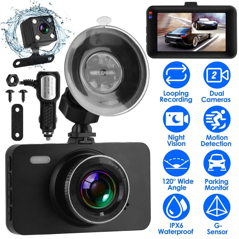 1080P Dual Dash Cam 3" Screen with Front and Rear Camera G-Sensor Motion Night Vision Loop Recording Automotive - DailySale