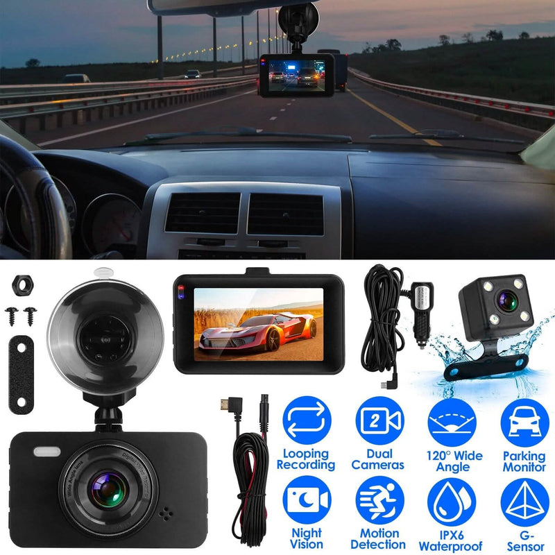 1080P Dual Dash Cam 3" Screen with Front and Rear Camera G-Sensor Motion Night Vision Loop Recording Automotive - DailySale