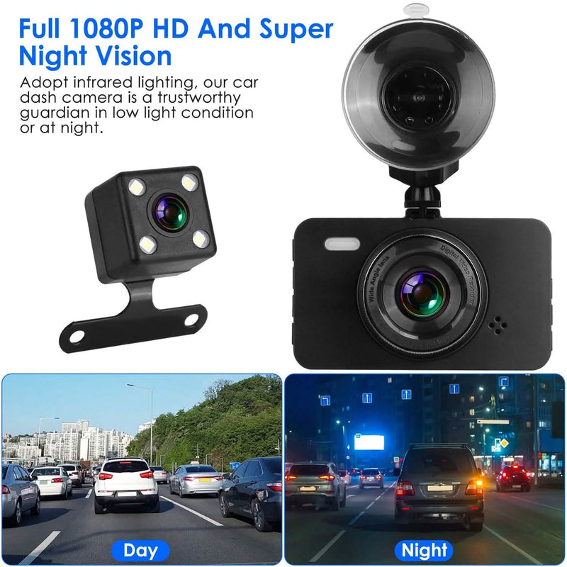 1080P Dual Dash Cam 3" Screen with Front and Rear Camera G-Sensor Motion Night Vision Loop Recording Automotive - DailySale