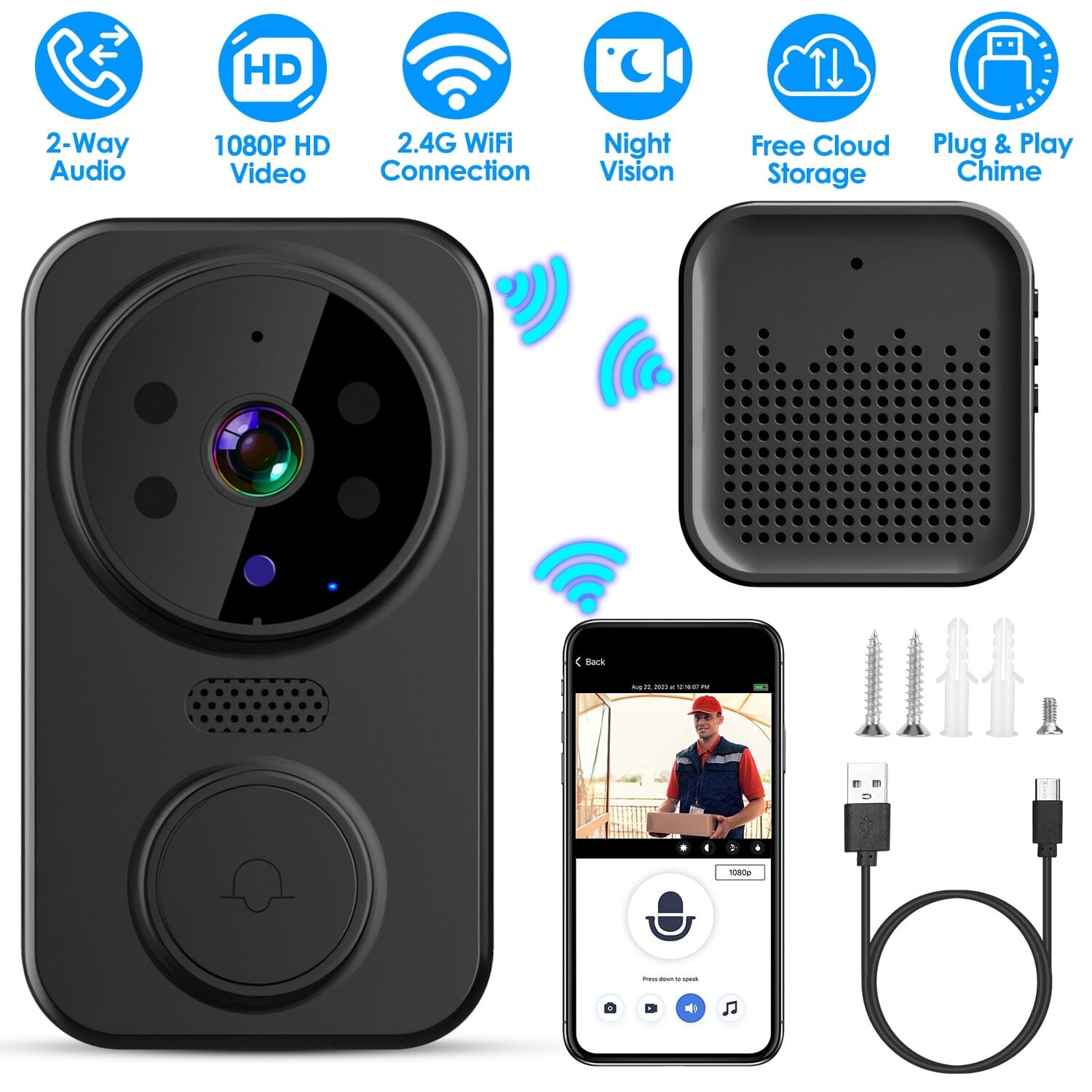 1080P WiFi Security Doorbell Camera 2-Way Audio Free Cloud Storage Smart Home & Security - DailySale