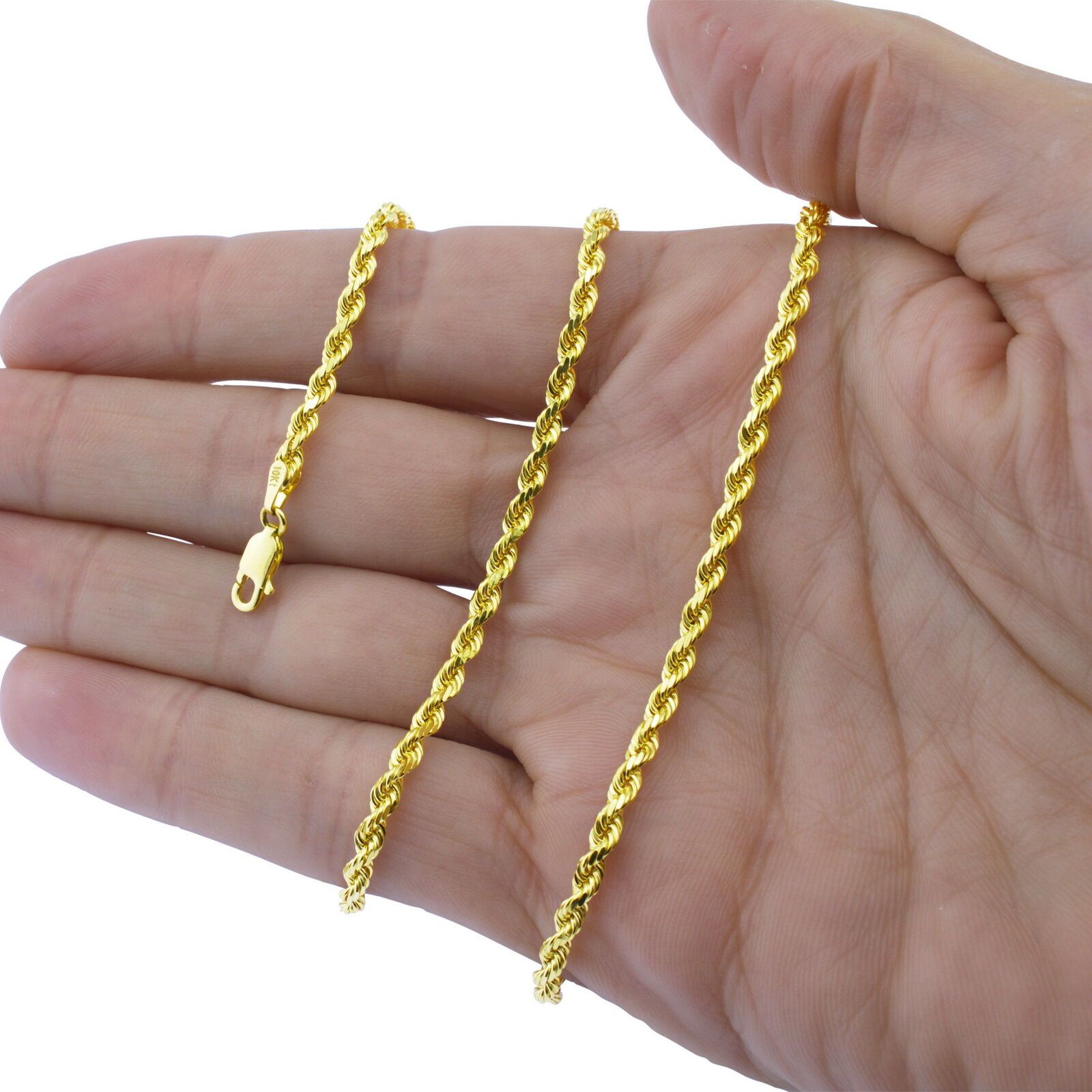 Closeup of hand holding a 10K Solid Yellow Gold 3mm Rope Necklace Chain wrapped around it