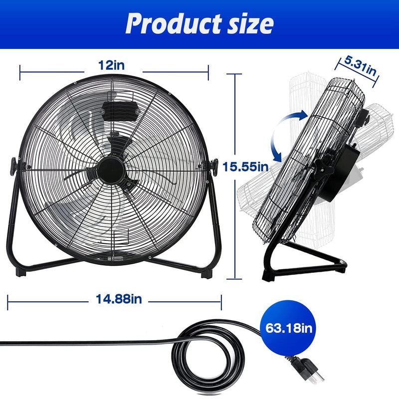 12" Floor Fan Copper Motor High-Velocity with 3 Adjustable Speeds Household Appliances - DailySale