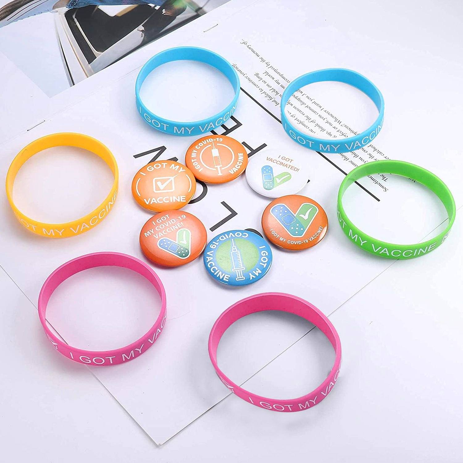 12-Pack: I Got My Covid-19 Vaccine Wristband Bracelets with Badges Bracelets - DailySale