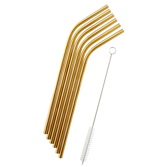 12-Pack: Reusable Stainless Steel Straw in Gold With Cleaning Brush Kitchen & Dining - DailySale