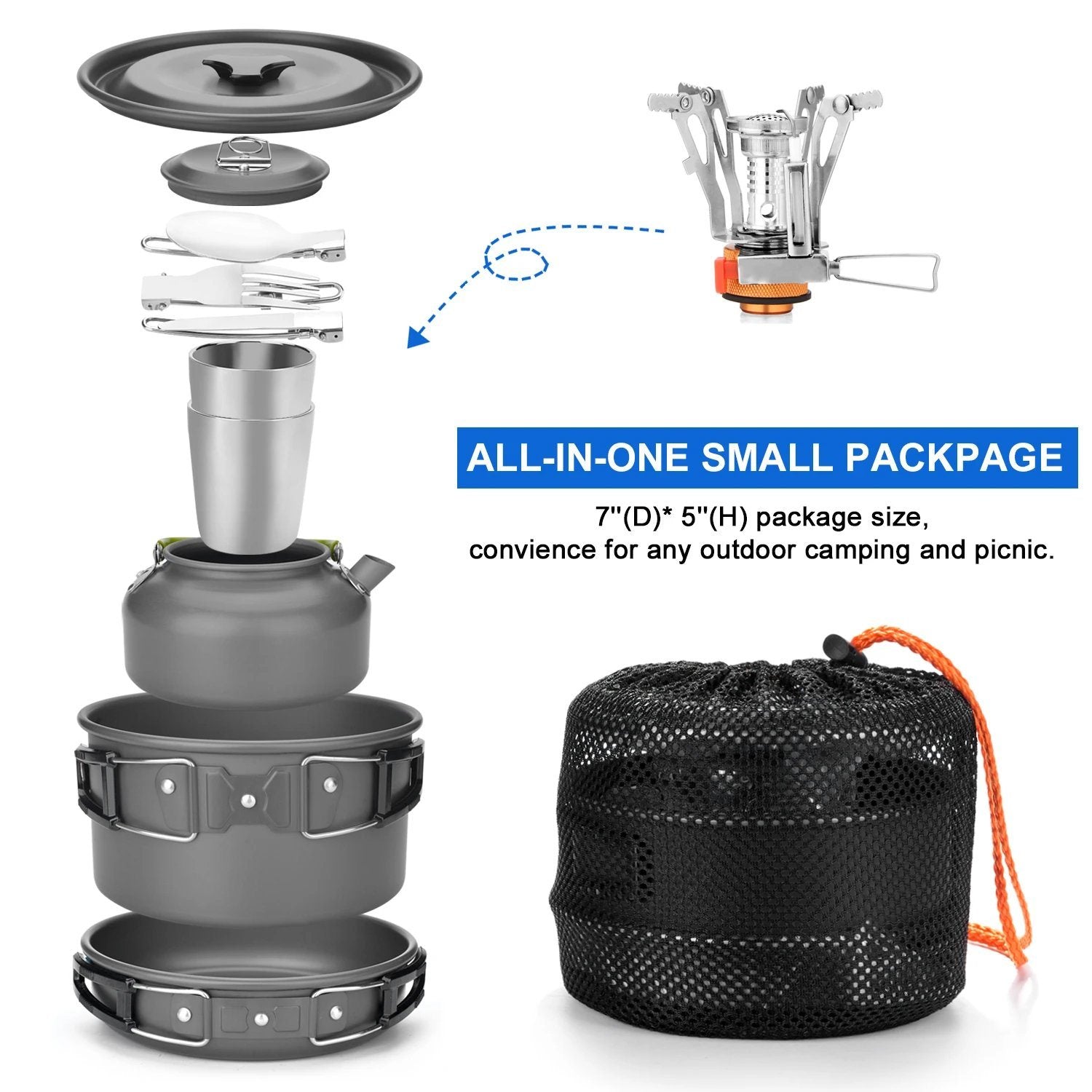 12-Piece: ODOLAND Camping Cookware Mess Kit with Mini Stove Sports & Outdoors - DailySale