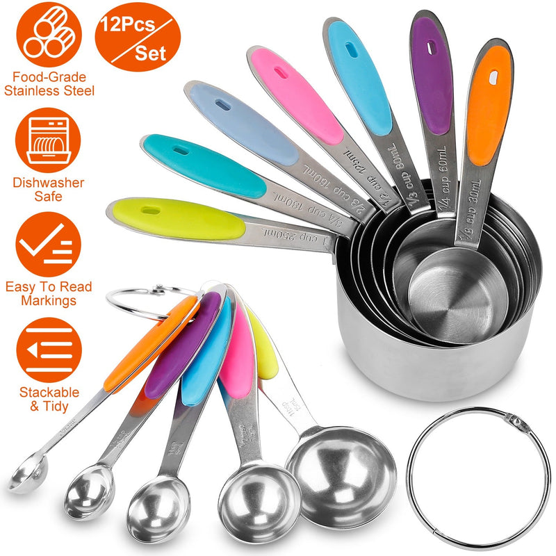 12 Piece Measuring Cups and Spoons Set, Colored Kitchen Measure Tools,  Durable Nesting Cups and Spoons for Dry and Liquid, Dishwasher Safe