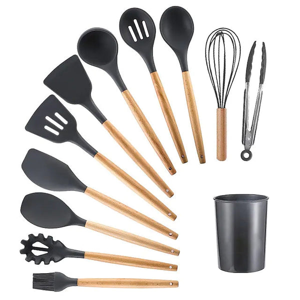 12-Piece: Wood Handle Silicone Kitchenware Kitchen Tools & Gadgets Gray - DailySale