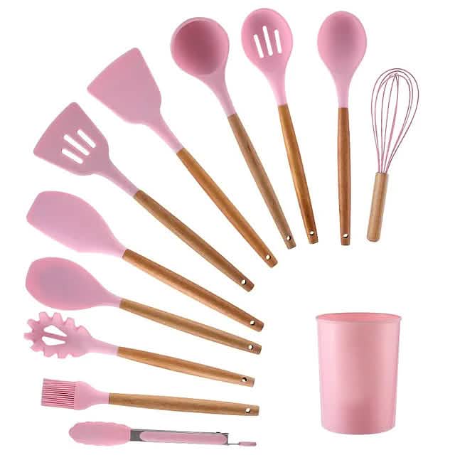 12-Piece: Wood Handle Silicone Kitchenware Kitchen Tools & Gadgets Pink - DailySale