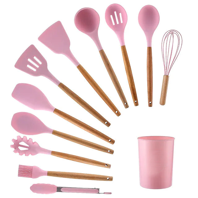 12-Piece: Wood Handle Silicone Kitchenware Kitchen Tools & Gadgets Pink - DailySale