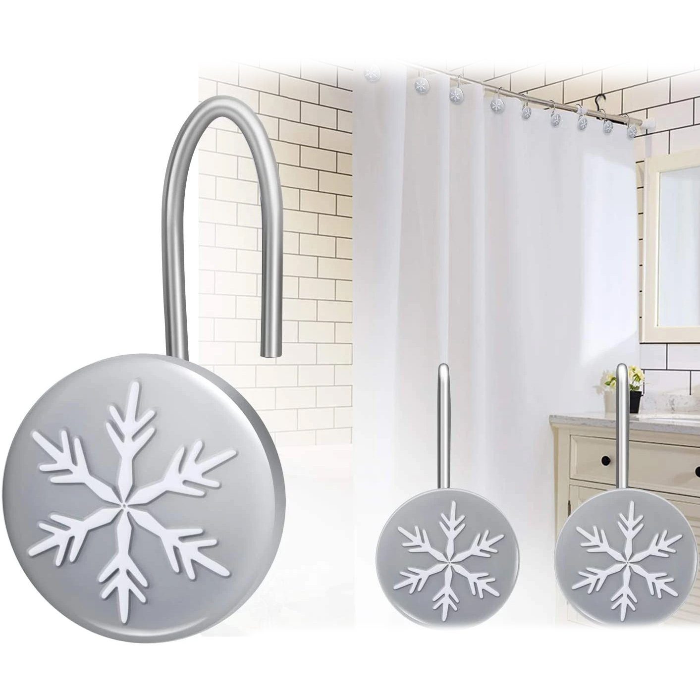 12-Pieces: Christmas Snowflake Anti-Rust Round Shower Curtain Hooks Bath - DailySale