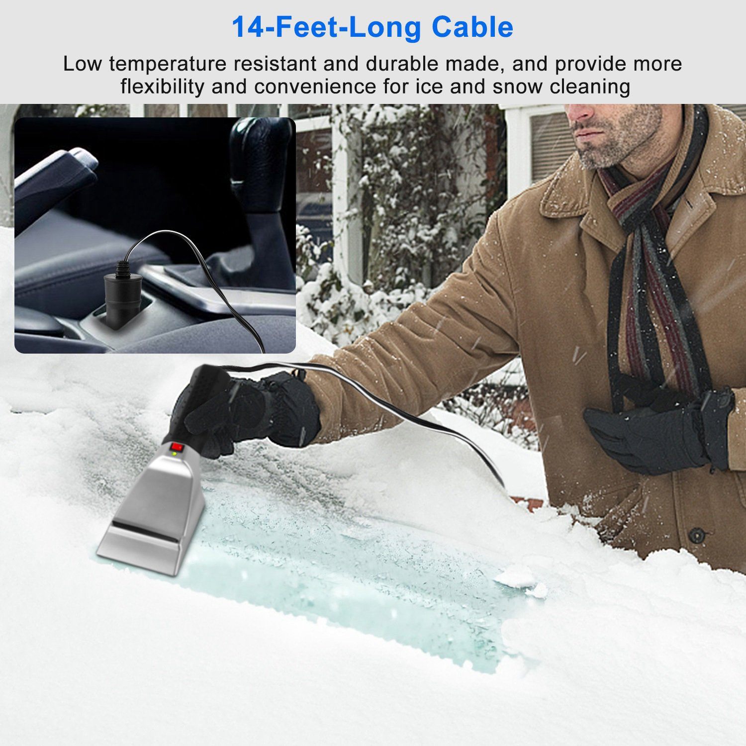 Man scraping a thick layer of ice off a windshield using a 12V Car Electric Heated Ice Snow Scraper in a harsh winter day