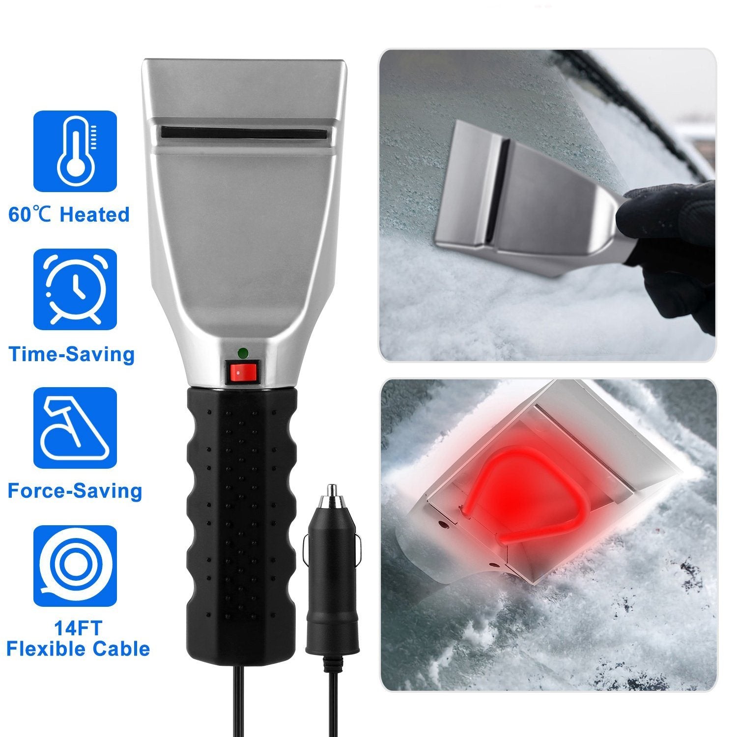 Back view of a 12V Car Electric Heated Ice Snow Scraper and car connector with a list of features, placed over two images of the scraper in action plus four icons with the following inscriptions: 60 degrees heated, Time Saving, Force Saving, and 14' Flexible Cable