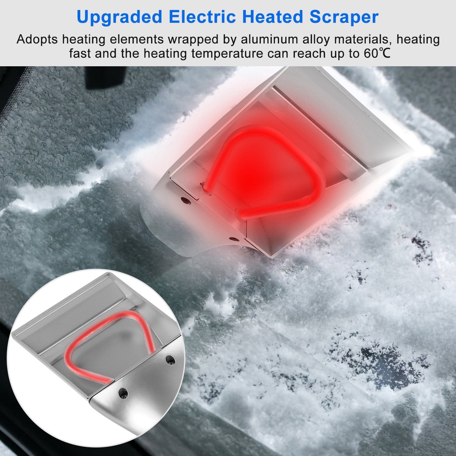 12V Car Electric Heated Ice Snow Scraper in use, showing lit heating element melting ice off a windshield