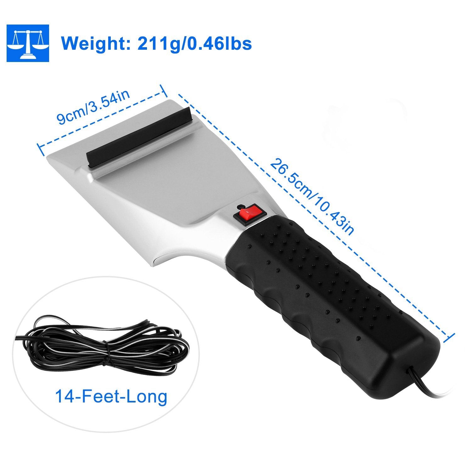 Angled front view of the 12V Car Electric Heated Ice Snow Scraper showing all dimensions