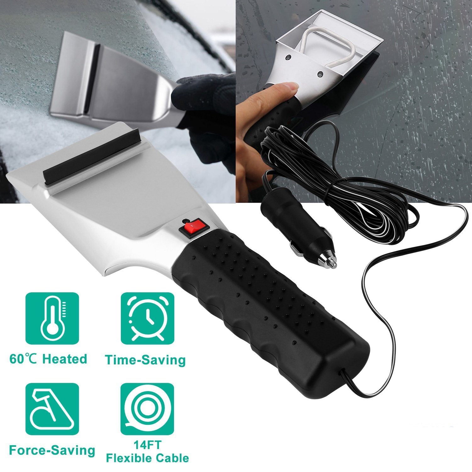 Angled view of a 12V Car Electric Heated Ice Snow Scraper and car connector with a list of features, placed over two images to the scraper in action