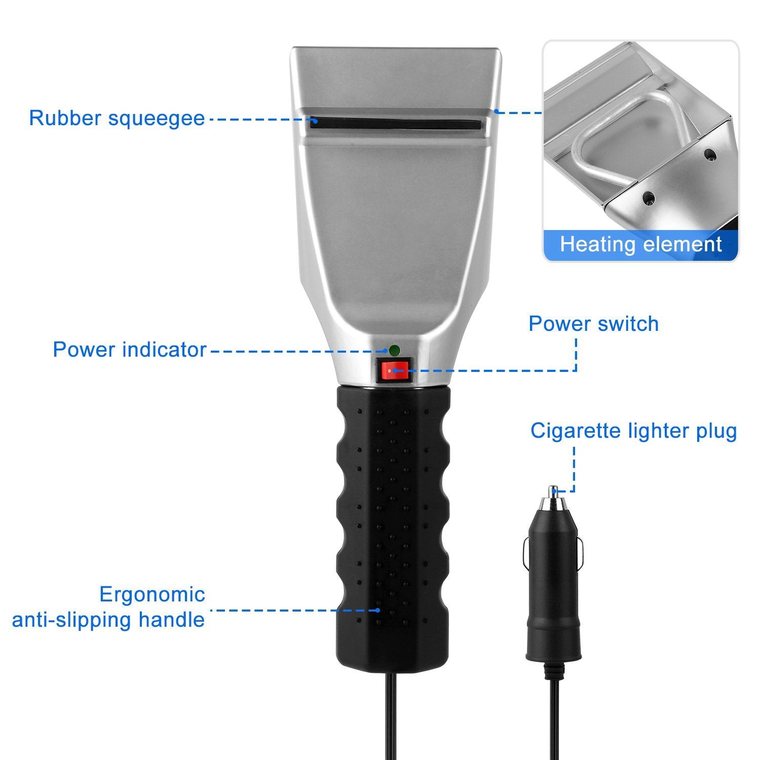 Back view of the 12V Car Electric Heated Ice Snow Scraper and cigarrette lighter connector showing a list of features