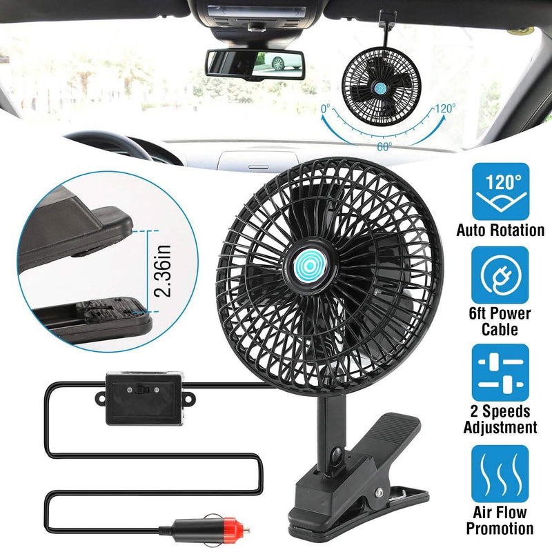 12V Car Fan Oscillating Clip on Cooling Fan with 2 Speeds 120° Rotation Automotive - DailySale
