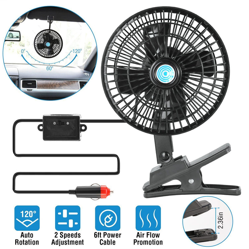 12V Car Fan Oscillating Clip on Cooling Fan with 2 Speeds 120° Rotation Automotive - DailySale